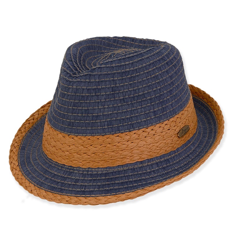 Caribbean Joe Denim Ribbon Fedora with Straw Trim – Island Living Blue M/L (59 cm)