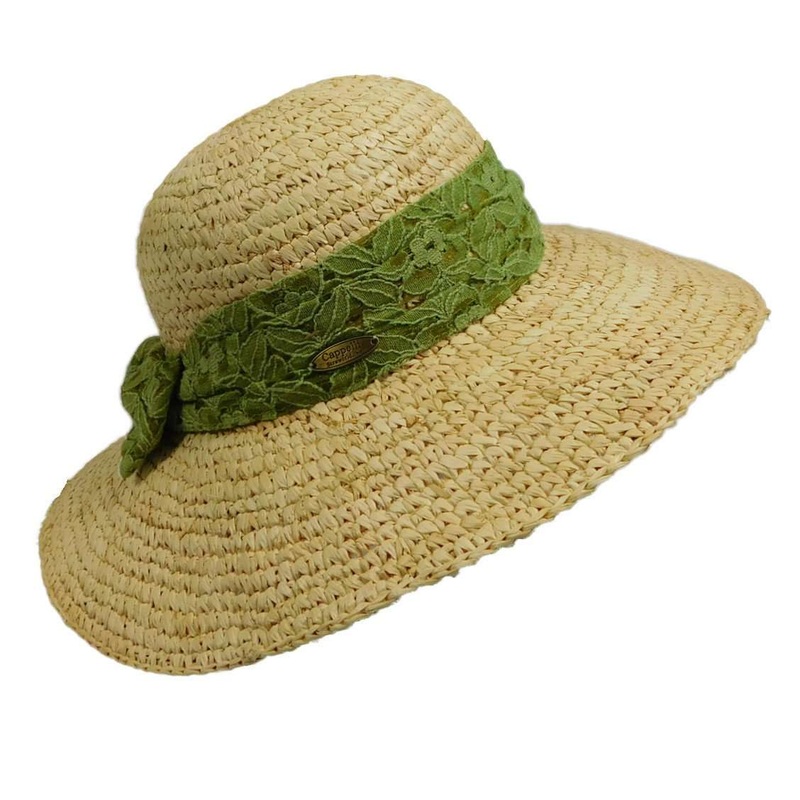 Crochet Raffia Sun Hat with Lace Scarf Olive
