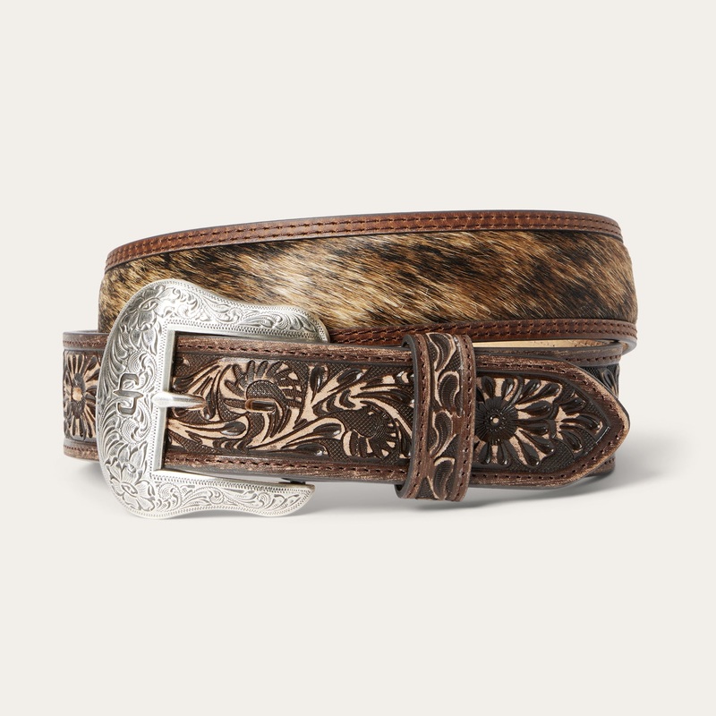 Hair-on-Hide Tooled Tab Belt Vintage/Brown 32