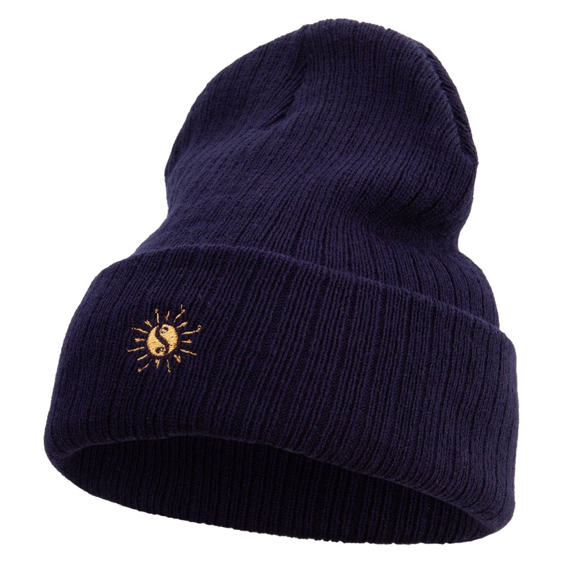 Made in USA China Ying Yang Symbol Embroidered Heavy Ribbed Cuff Beanie Navy One Size