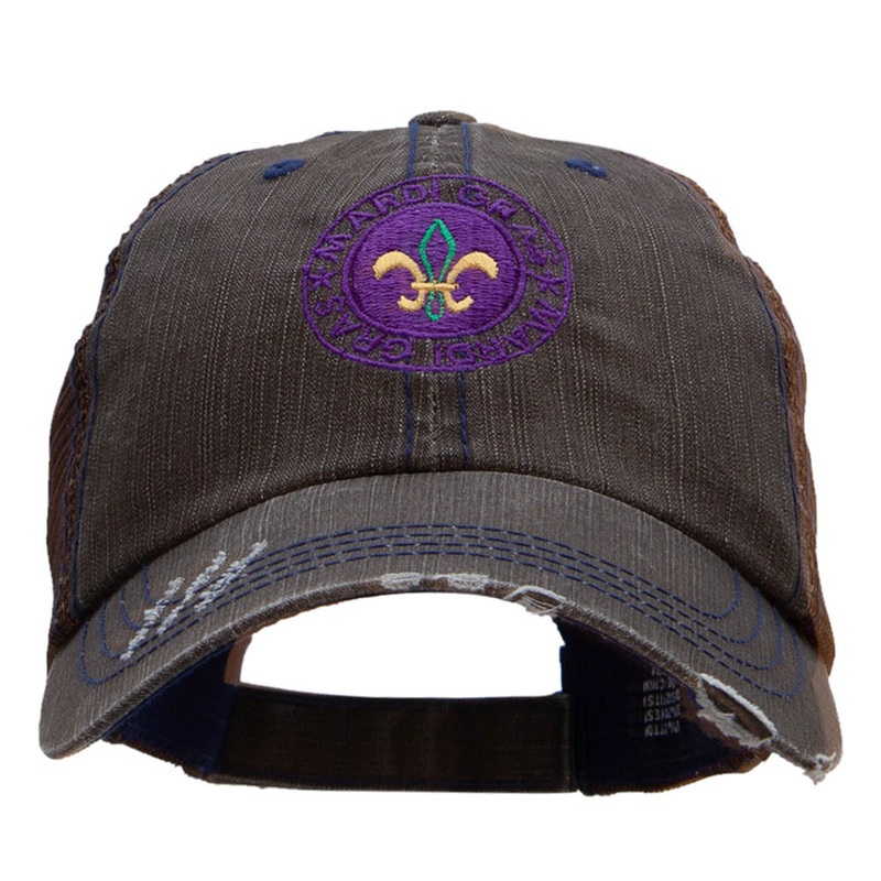 Mardi Gras Fleur De Lis Badge Embroidered Low Profile Cotton Mesh Cap Brown One Size
