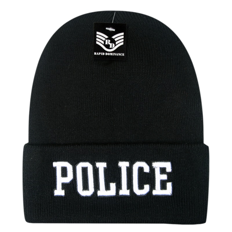 Police Law Enforcement Knit Beanie Cap – R81 – White Text Black