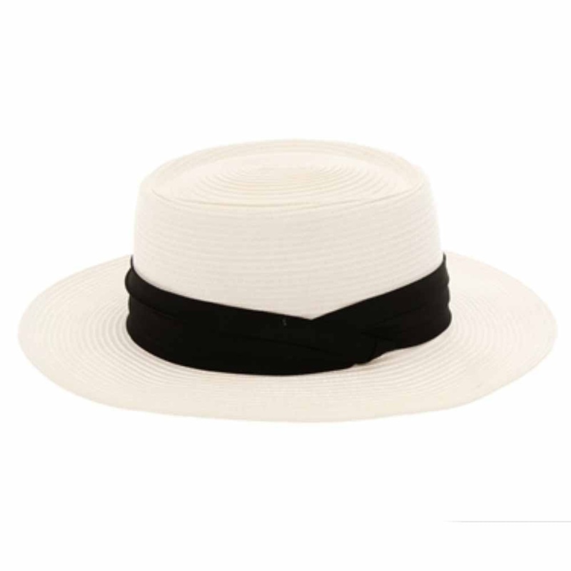 Elegant Straw Boater Hat with 3-Pleat Band – Boardwalk Style White Medium (57 cm)