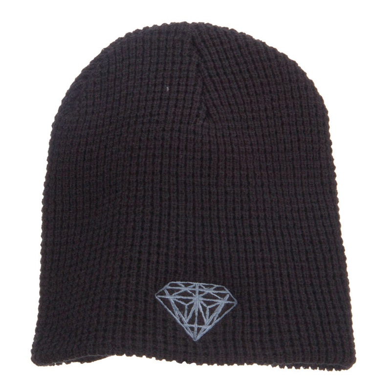 Grey Diamond Embroidered Waffle Short Beanie Black XL-3XL