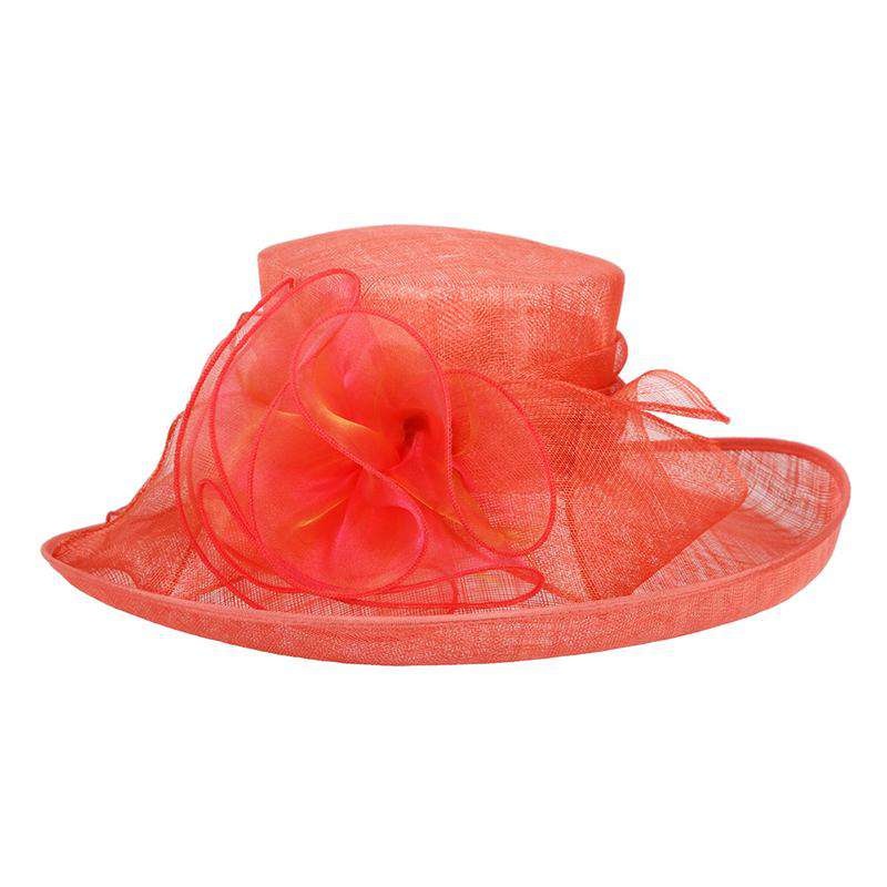 Large Up Turned Brim Sinamay Hat with Iridescent Sheer Flower Accent Green