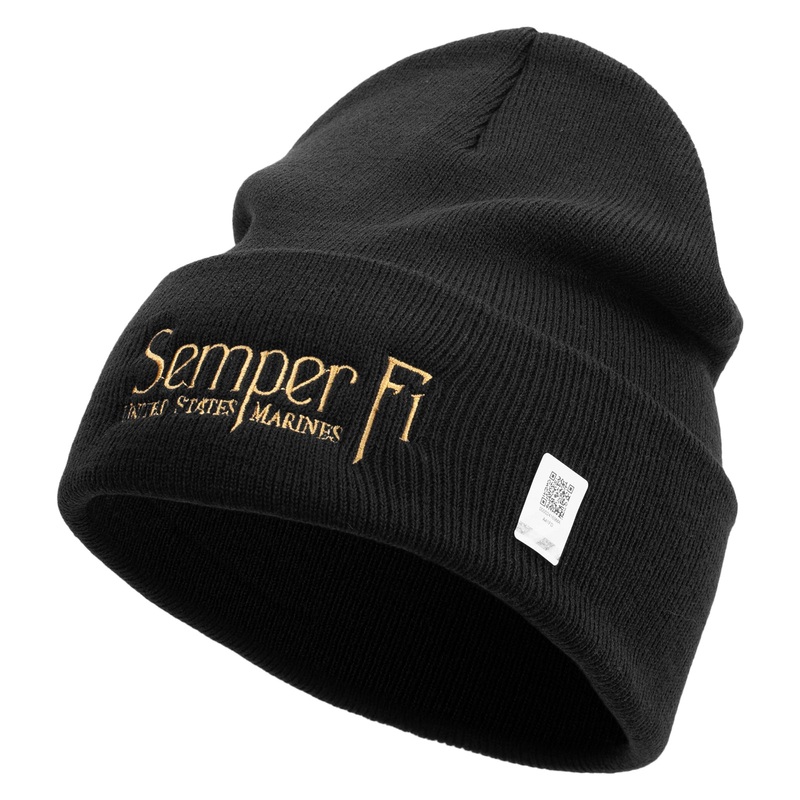 United States Marines Semper Fi Logo Embroidered 12 Inch Solid Knit Cuff Long Beanie Made in USA Black One Size