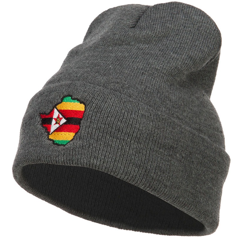 Zimbabwe Flag Map Embroidered Long Beanie Dk Grey One Size