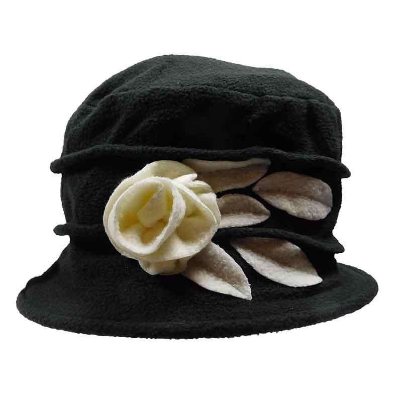 Fleece Beanie with Flower and Leaf Accent by JSA for Women Black