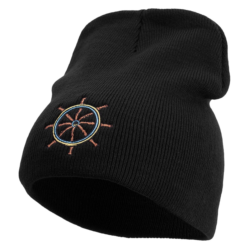 Made in USA Navy Rudder Embroidered 8 Inch Solid Knit Short Beanie Black One Size