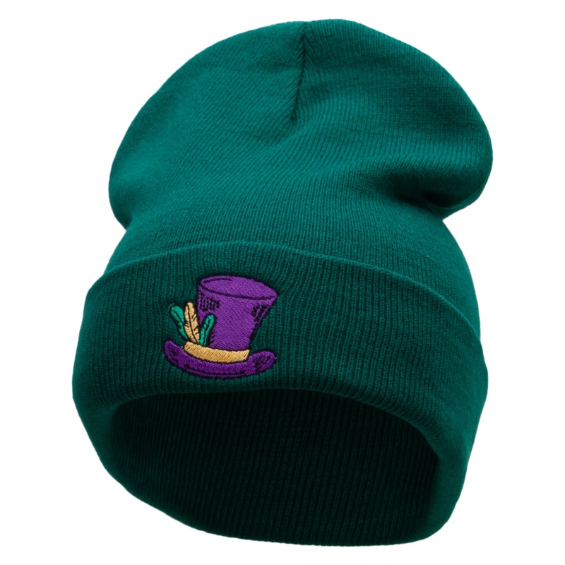 Mardi Hat Embroidered 12 Inch Long Knitted Beanie Dk Green One Size