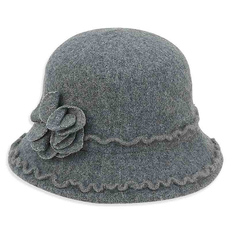 Adora Wool Hat – Soft Wool Cloche Hat with Floral Trim Grey Medium (57 cm)