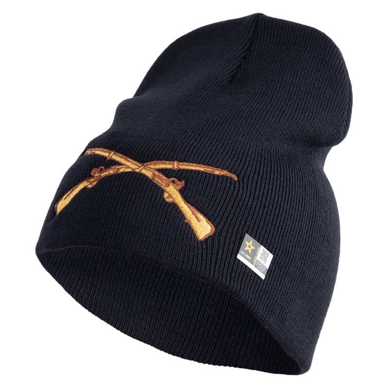 U.S. Army Infantry Symbol Embroidered 8 Inch Solid Knit Short Beanie Made in USA Navy One Size