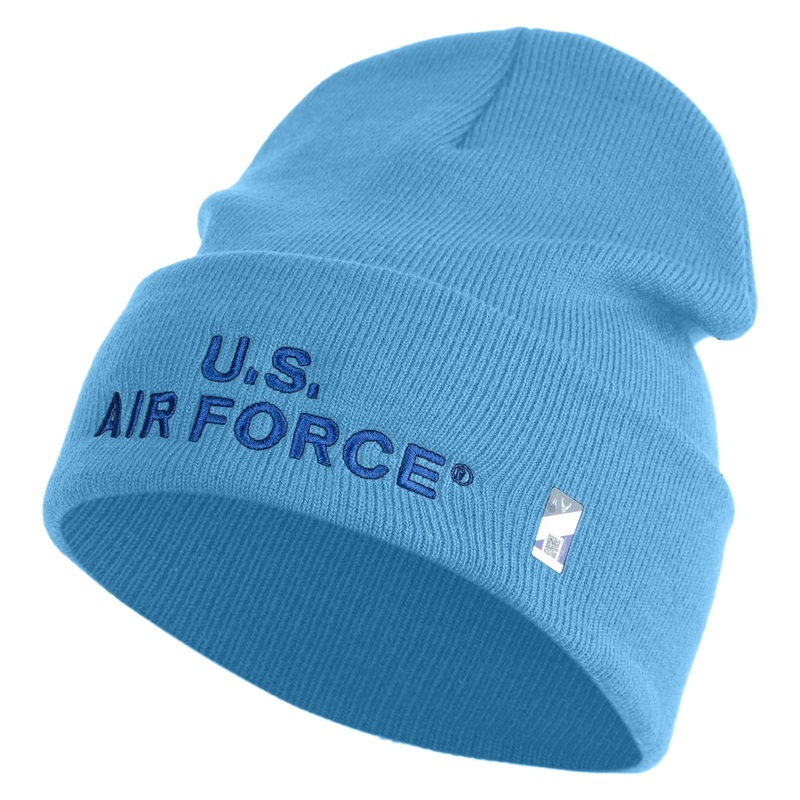US Air Force Navy Letter Logo Embroidered 12 Inch Solid Knit Cuff Long Beanie Made in USA Carolina Blue One Size