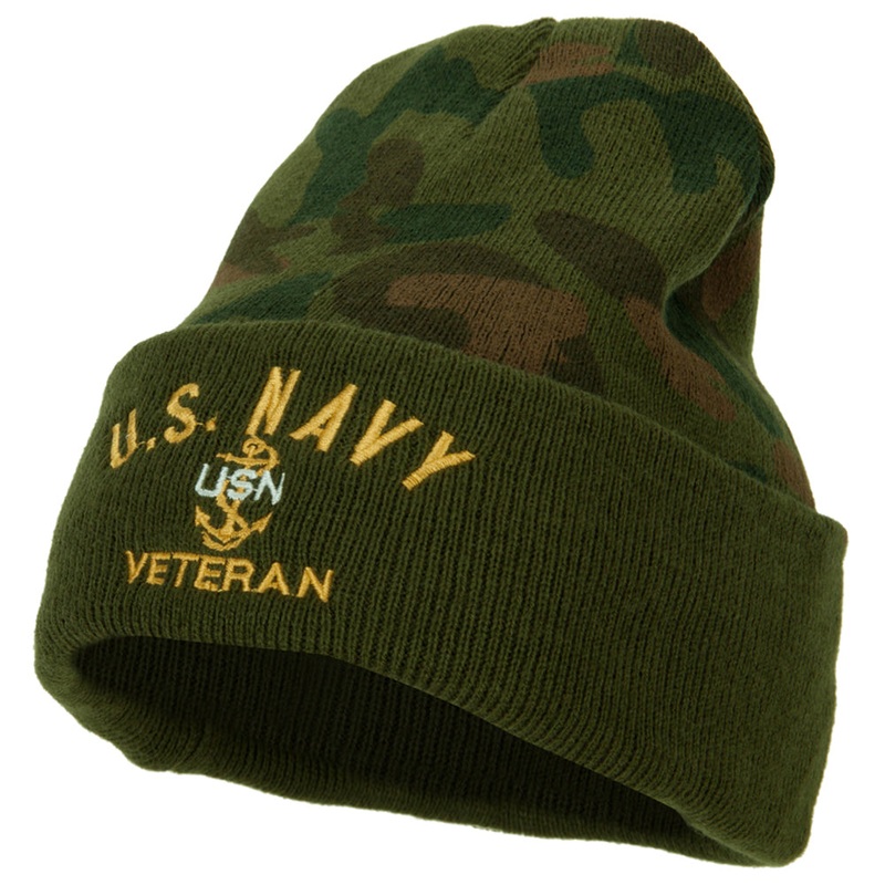 US Navy USN Veteran Logo Embroidered Camo Knit Long Cuff Beanie Green One Size