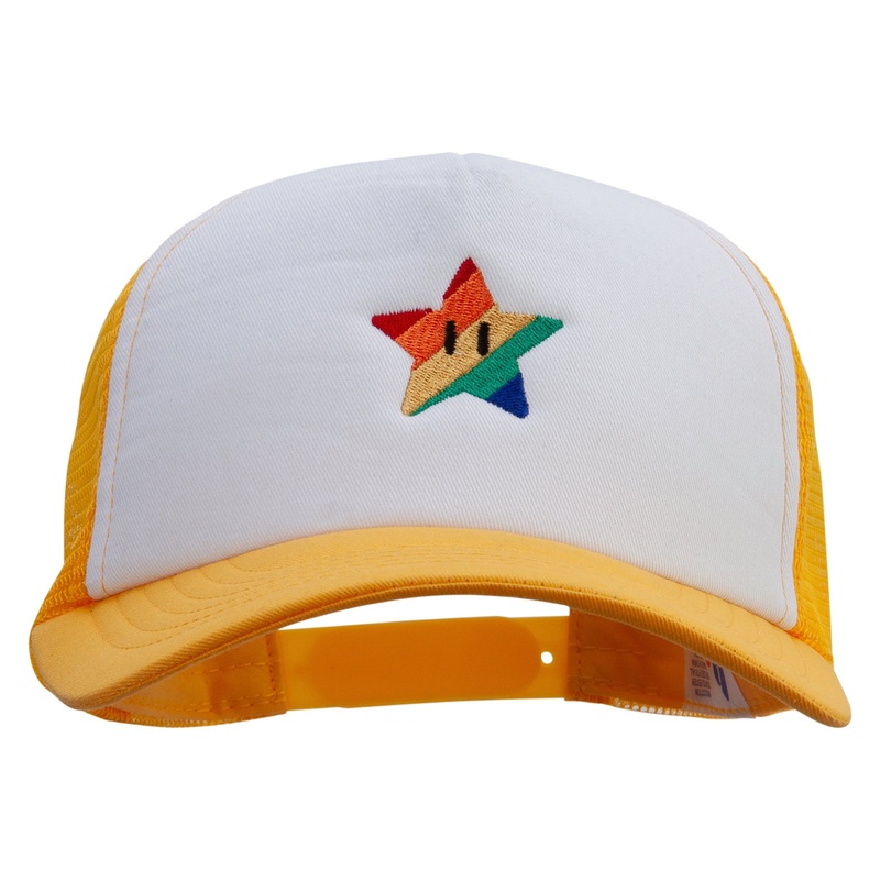 Mario Rainbow Star Logo Embroidered Cotton Trucker Cap Gold One Size
