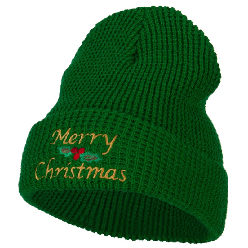 Merry Christmas Mistletoe Embroidered Big Stretch Waffle Cuff Beanie Kelly XL-3XL