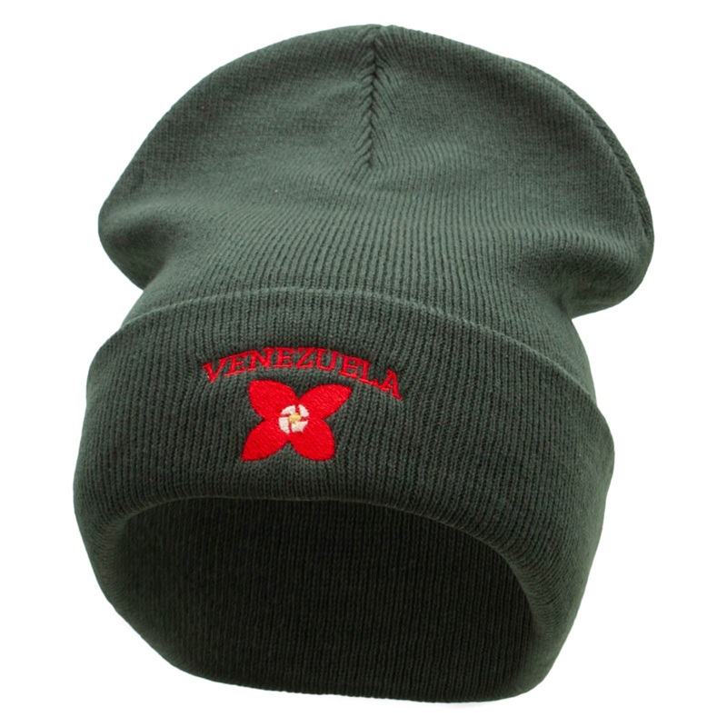 Venezuela Flower Embroidered 12 Inch Long Knitted Beanie Olive One Size