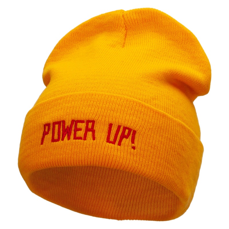Power Up Embroidered 12 inch Acrylic Cuffed Long Beanie Gold One Size