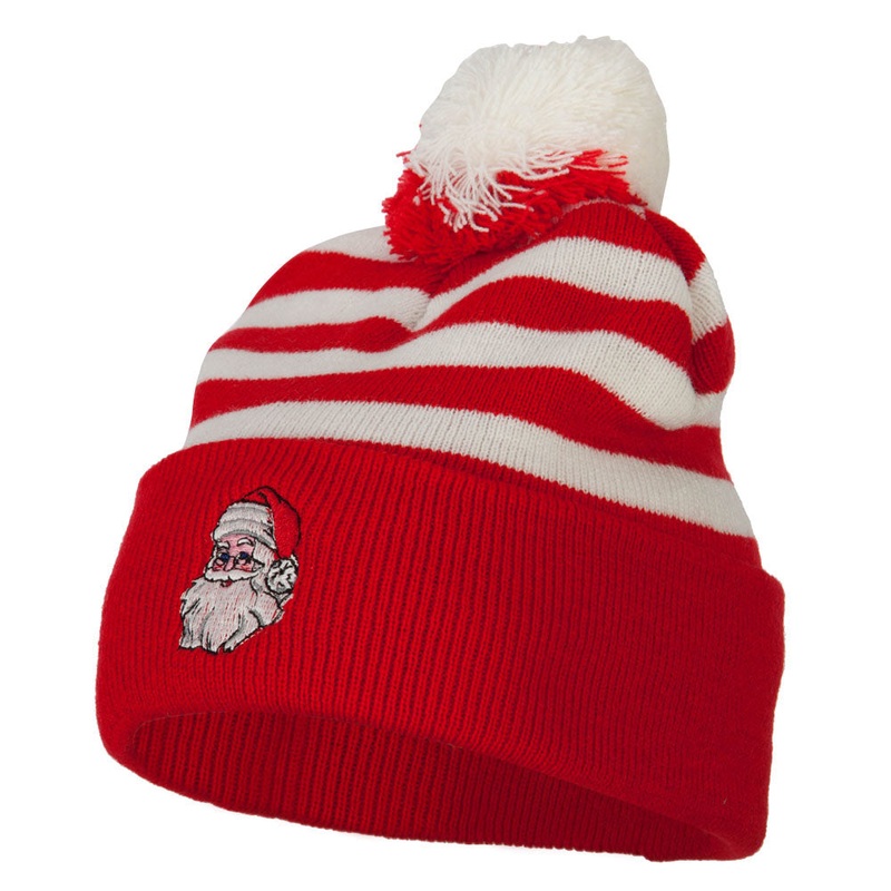 Santa Claus Head Embroidered Striped Pom Cuff Beanie Red White One Size