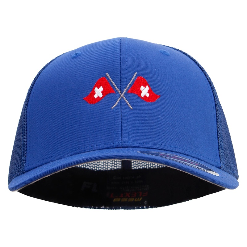 Cross Swiss Flag Embroidered 6 Panel Trucker Flexfit Cap Royal One Size