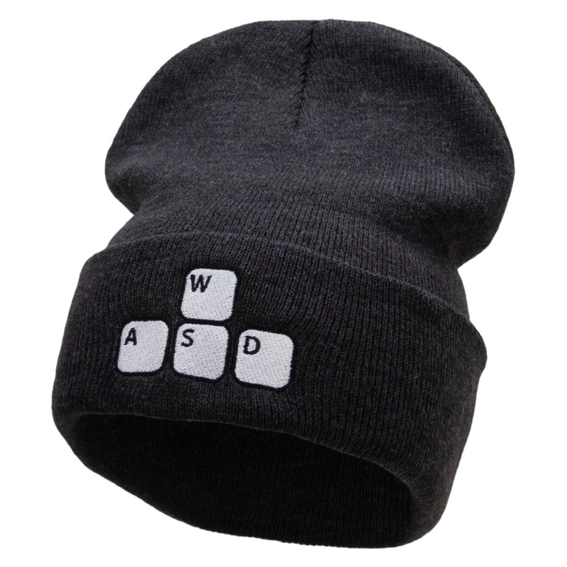 Gamer WASD Embroidered 12 Inch Long Knitted Beanie Dk Grey One Size