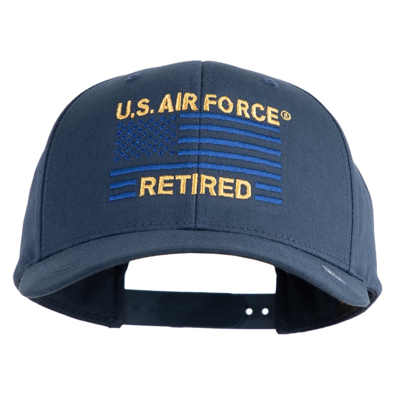 US Air Force Retired with Flag Embroidered Retro Cotton Blend Snapback Cap Navy One Size