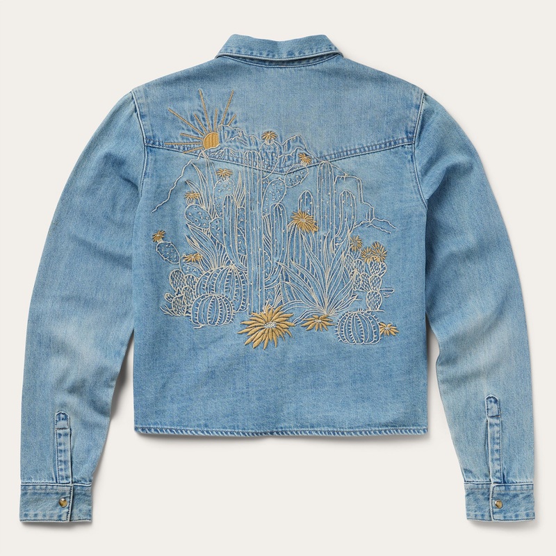 Embroidered Denim Cropped Shirt Blue XS