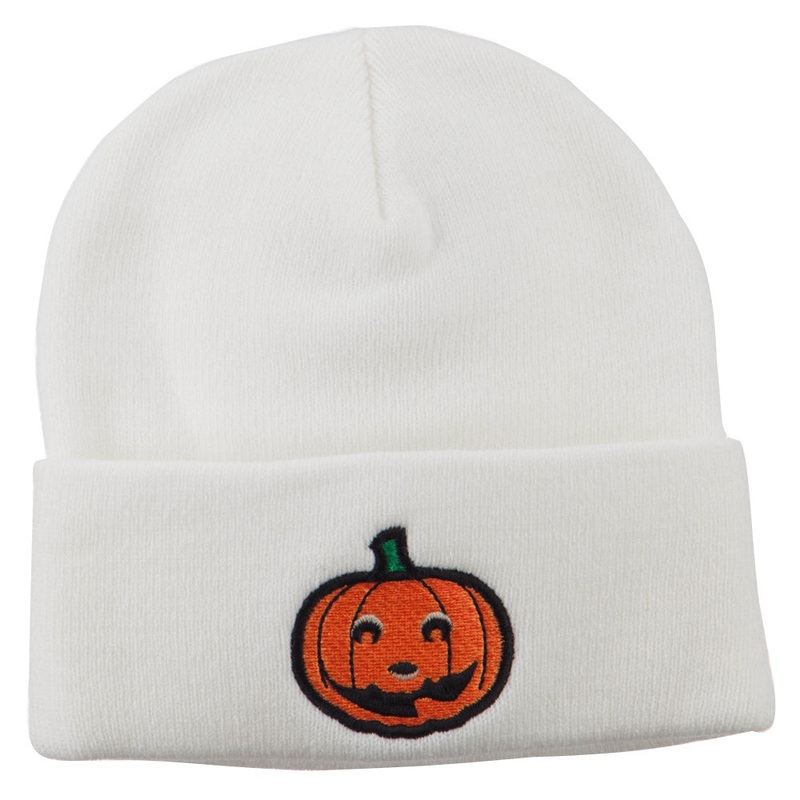Halloween Smile Jack o Lantern Embroidered Long Beanie White One Size