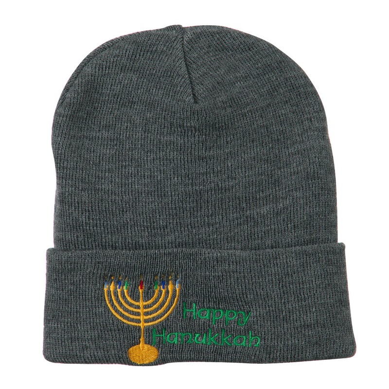 Happy Hanukkah Candles Embroidered Beanie Grey One Size
