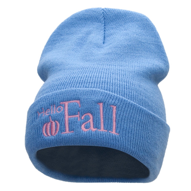 Hello Fall Embroidered 12 Inch Long Knitted Beanie Sky Blue One Size