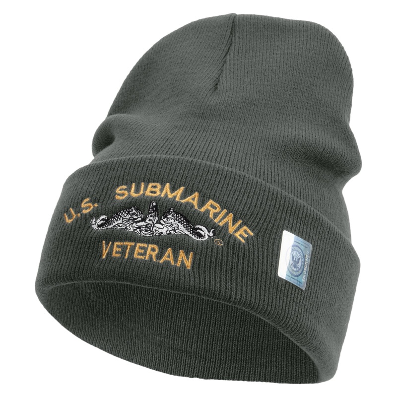 Made in USA US Submarine Veteran Logo Embroidered 12 Inch Solid Knit Cuff Long Beanie Navy One Size