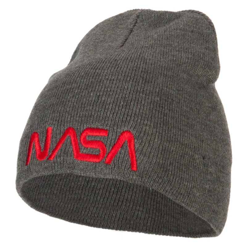 NASA Letters Embroidered Knitted Short Beanie Dk Grey One Size