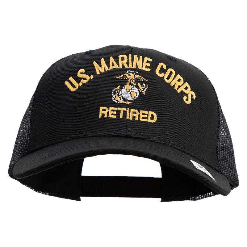 US Marine Corps Retired Design Embroidered 6 Panel Structured Cotton Twill Mesh Cap Made in USA Black One Size