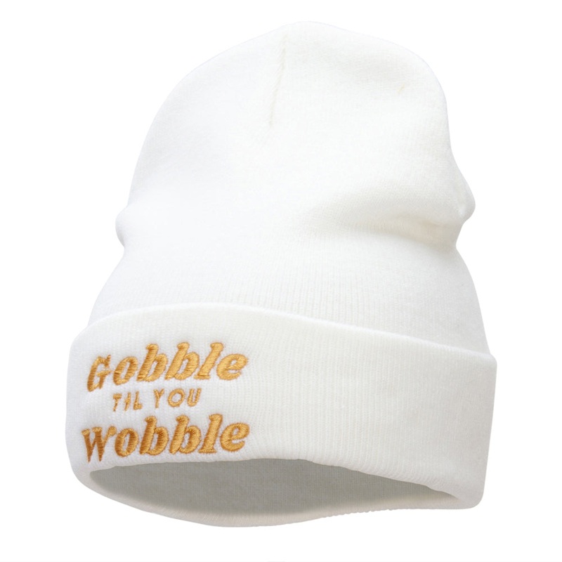 Gobble Til You Wobble Embroidered Knitted Long Beanie White One Size