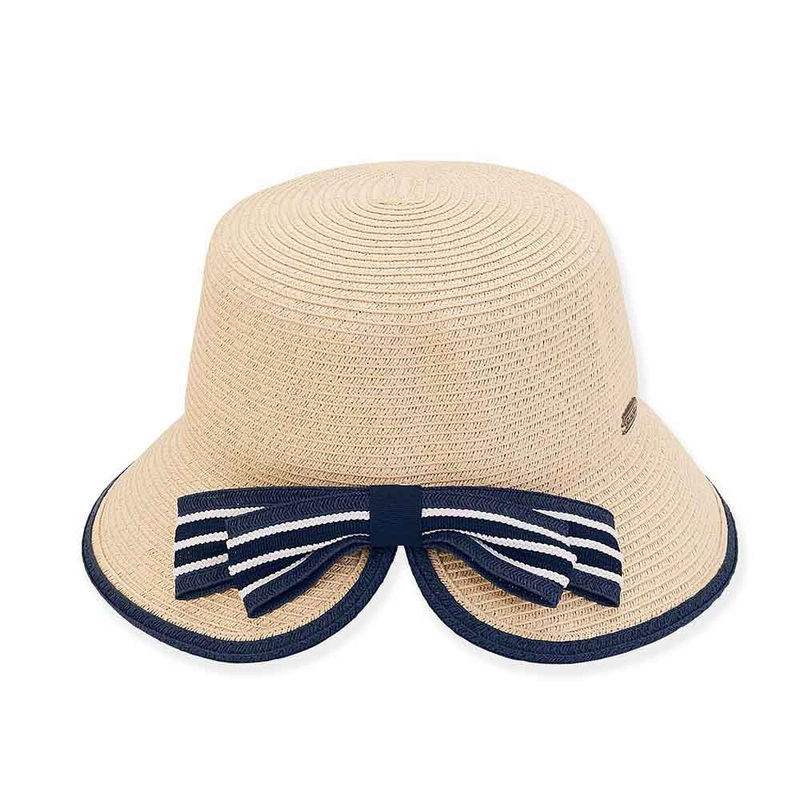 Split Brim Straw Cloche with Striped Bow – Sun ‘N’ Sand Hats Natural OS (57 cm)