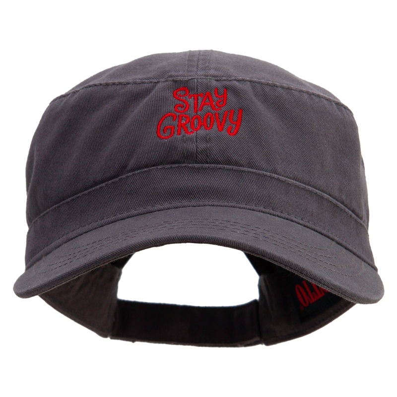 Stay Groovy Embroidered Garment Washed Adjustable Army Cap Charcoal Grey One Size