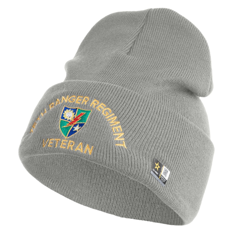 U.S. Army 75 Ranger Regiment Logo Embroidered 12 Inch Solid Knit Cuff Long Beanie Made in USA Dk Ash One Size