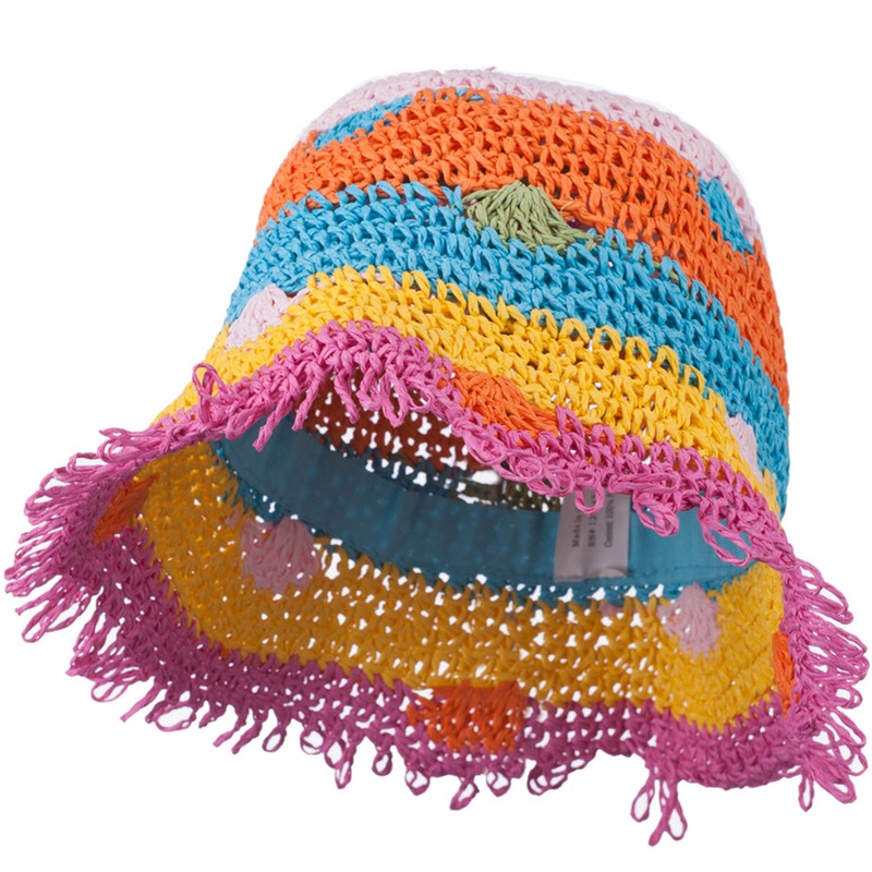 Girl’s Toyo Bucket Shaped Hat with Fringe Edge and Polka-Dot Detail Multi Colored 54CM