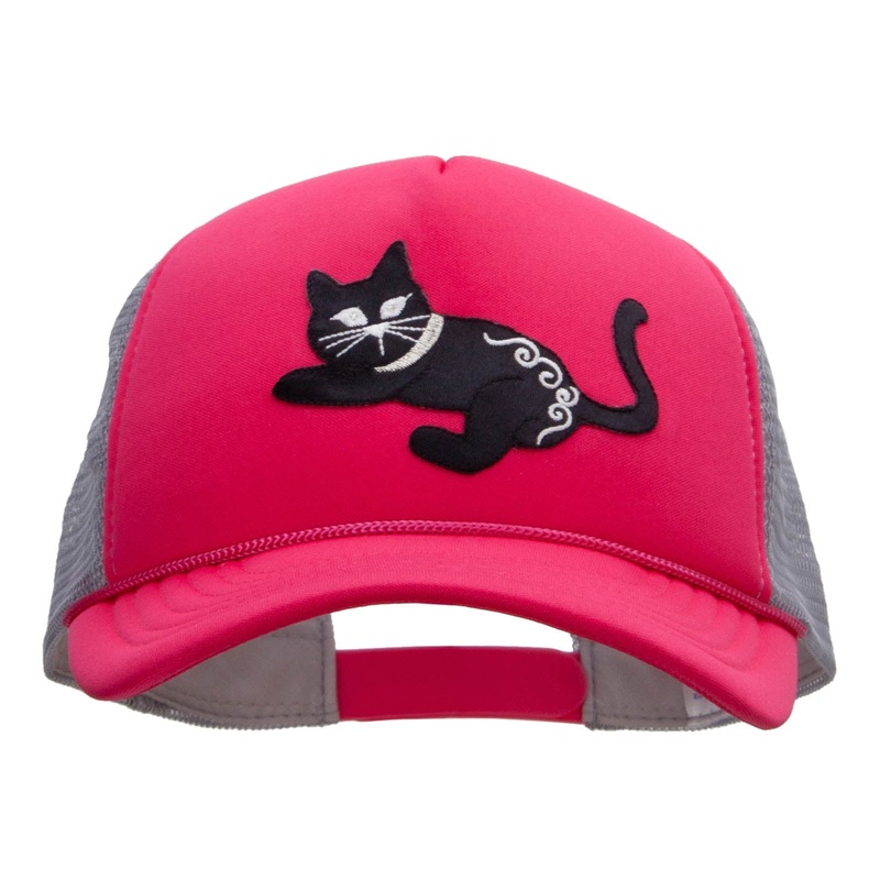 Satin Playful Kitten Patched Summer Foam Mesh Trucker Cap Magenta Grey One Size