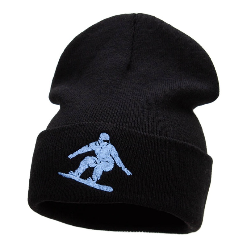 Snowboarding Silhouette Embroidered Long Knitted Beanie Black One Size