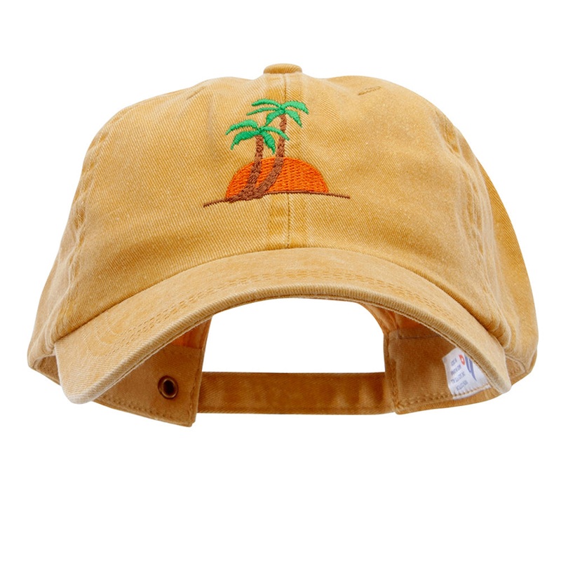 Sunset and Palm Trees Embroidered Pigment Dyed Wash Cap Mango One Size
