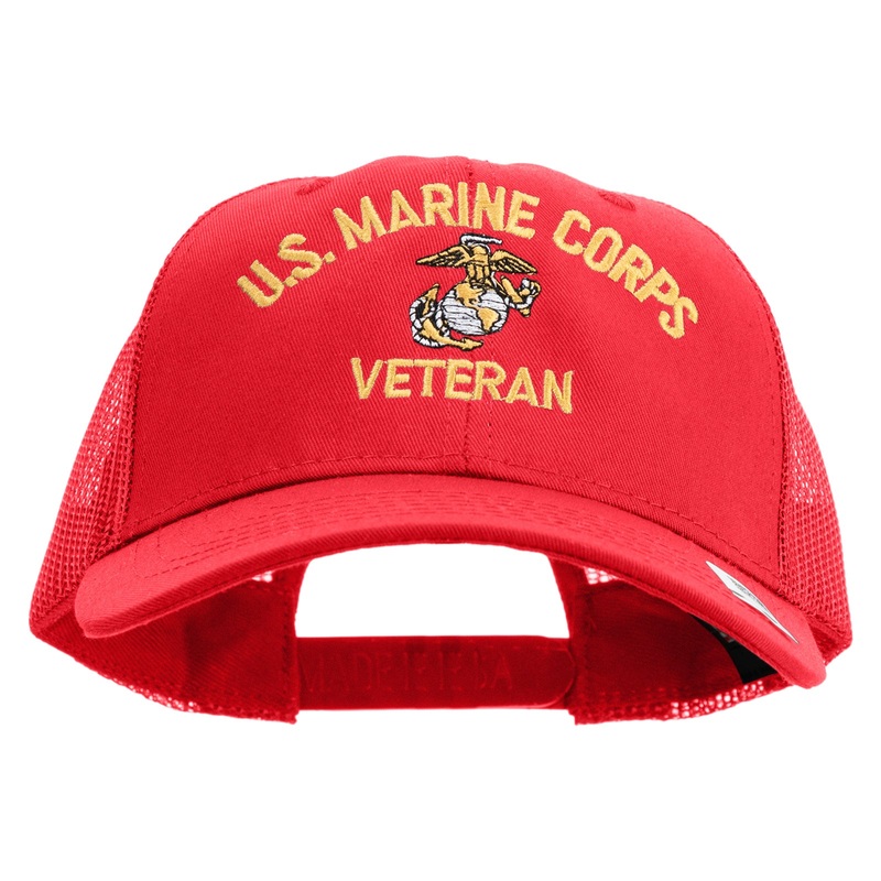 US Marine Corps Veteran Design Embroidered 6 Panel Structured Cotton Twill Mesh Cap Made in USA Red One Size