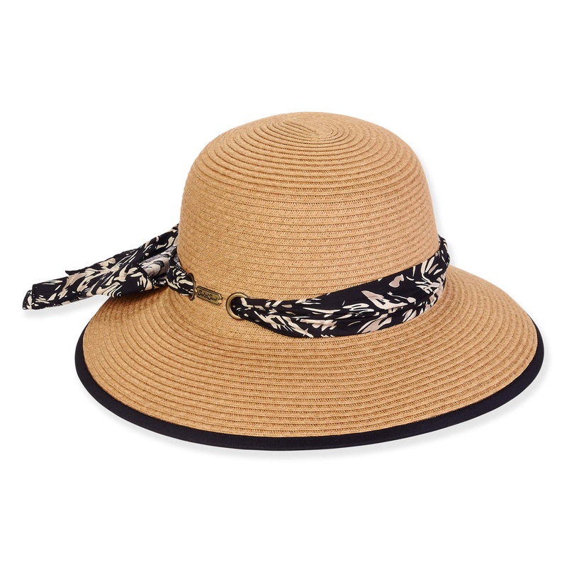 Wide Brim Sun Hat with Print Scarf and Bow – Sun ‘N’ Sand Hats Tan OS (57 cm)