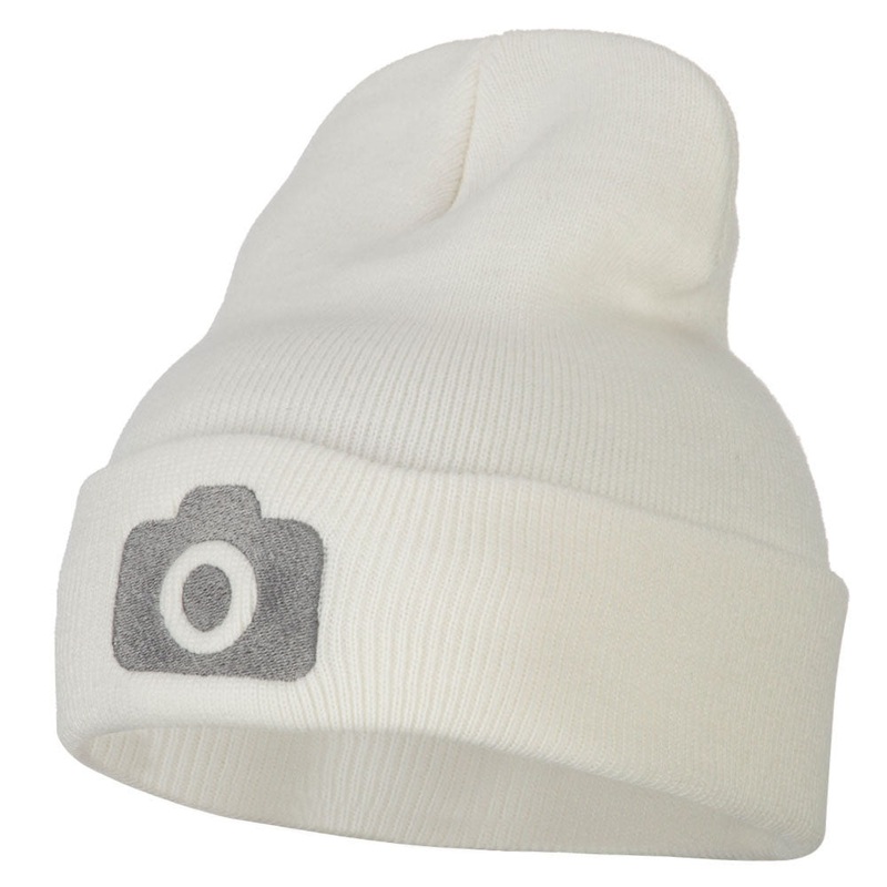 Camera Design Photographer Embroidered Knitted Long Beanie White One Size