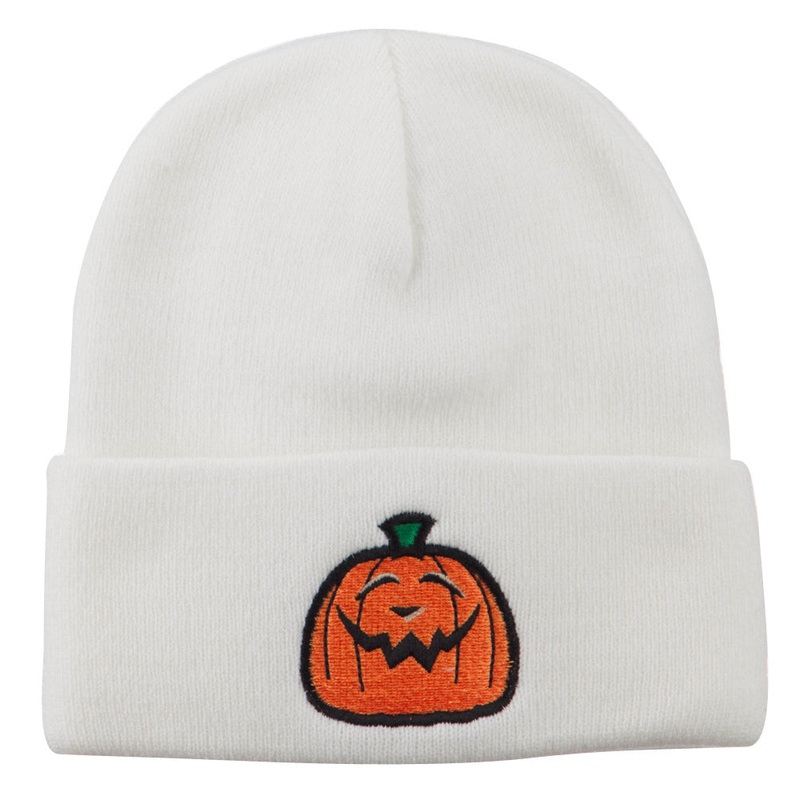 Halloween Goofy Jack o Lantern Embroidered Long Beanie White One Size