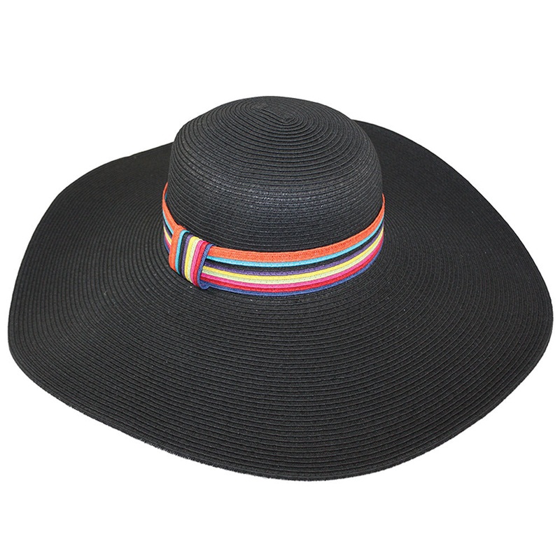 Oversize Brim Straw Floppy with Multicolor Band – Jeanne Simmons Black OS (57 cm)