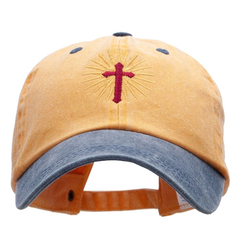 Religious Cross Embroidered Cotton Wash Cap Mustard Navy One Size