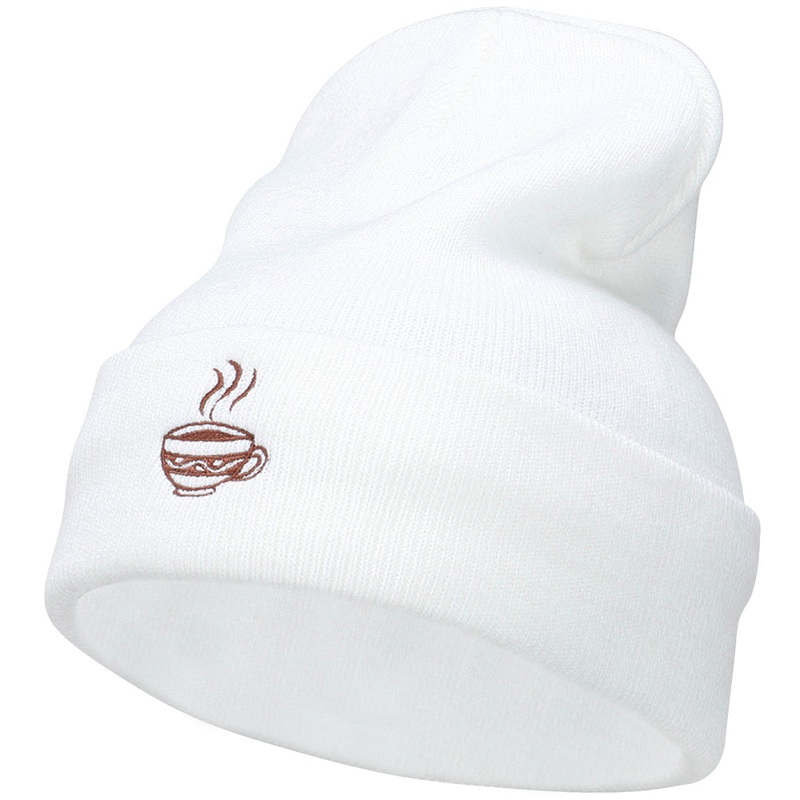 Coffee Cup Embroidered Long Beanie White One Size
