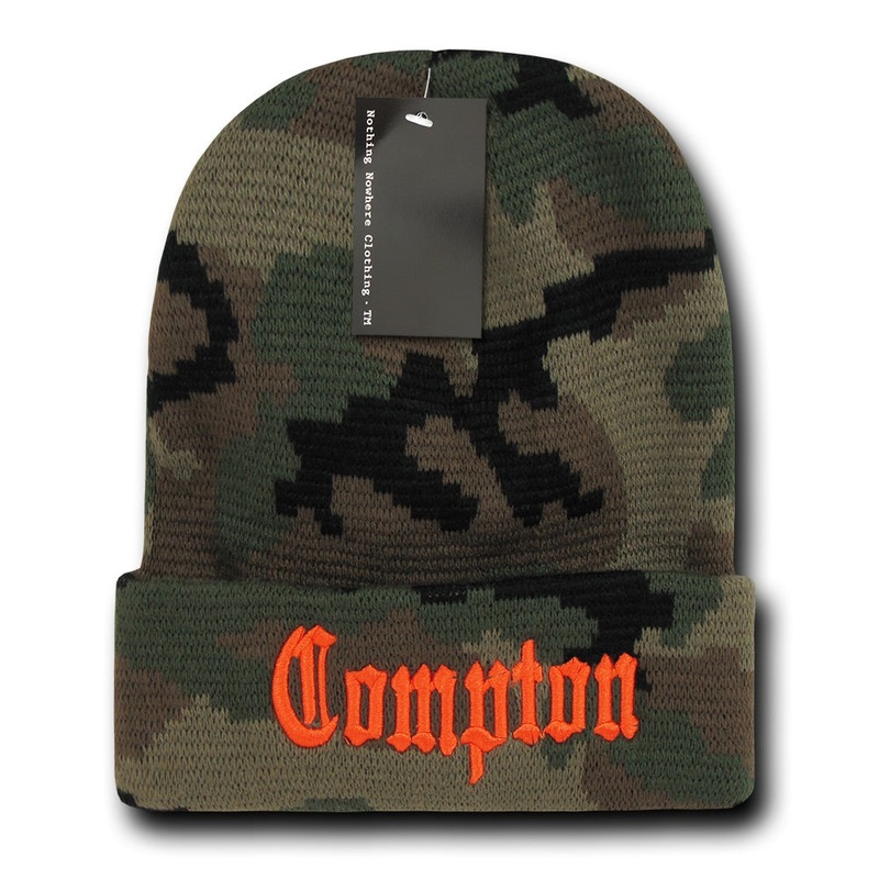 Compton City Beanie Knit Cap, Camo/Orange Camo/Orange