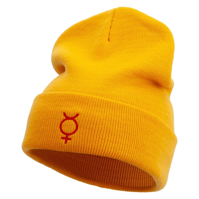 Mercury Embroidered 12 Inch Long Knitted Beanie Mustard One Size